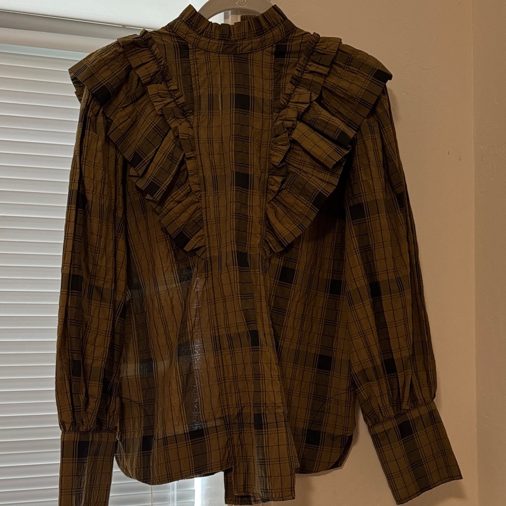 Ganni Brown Plaid Ruffle Blouse